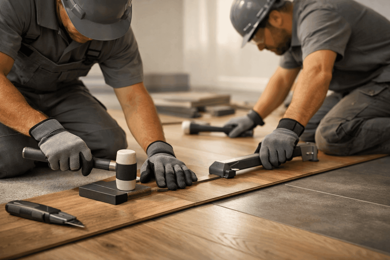 Professional flooring installers wearing safety gear installing wood flooring in clean residential or commercial space