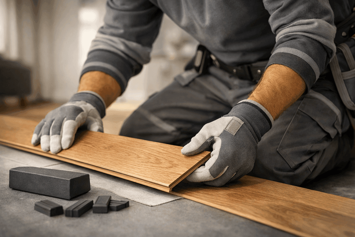 Close-up of gloved hands fitting wood flooring plank in well-lit modern residential interior