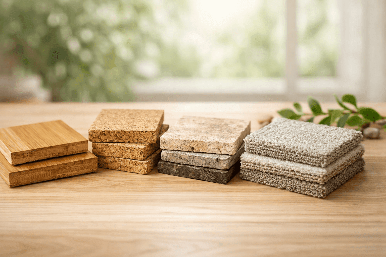 Array of eco-friendly flooring samples on a clean surface
