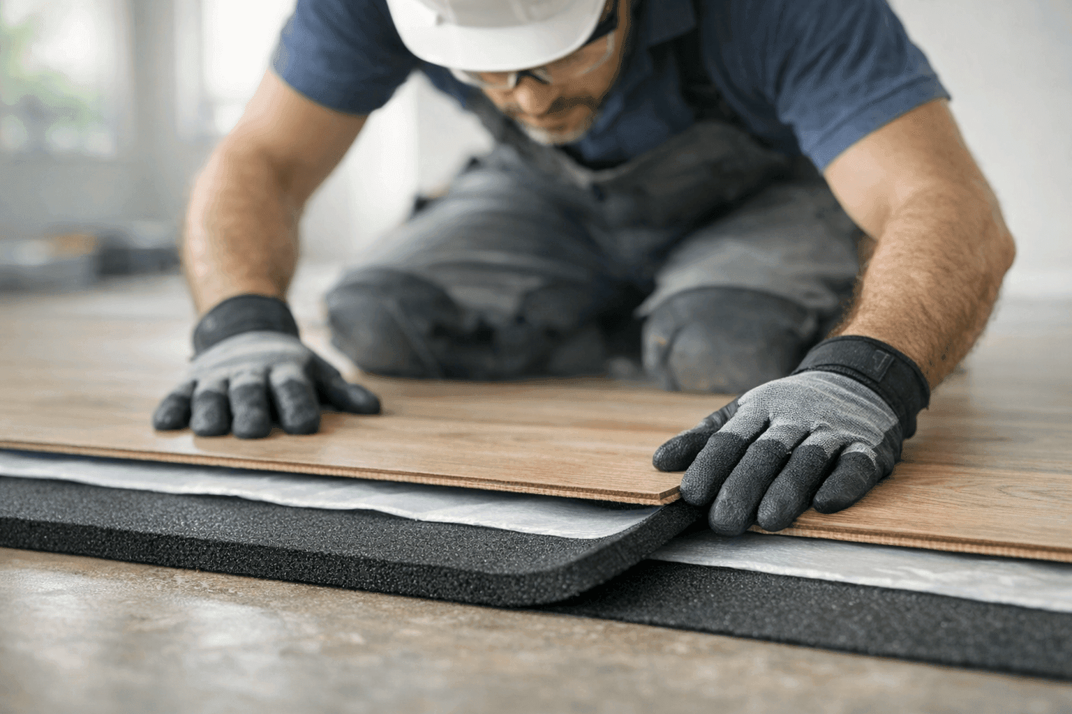 Technician installing soundproof underlayment under new flooring