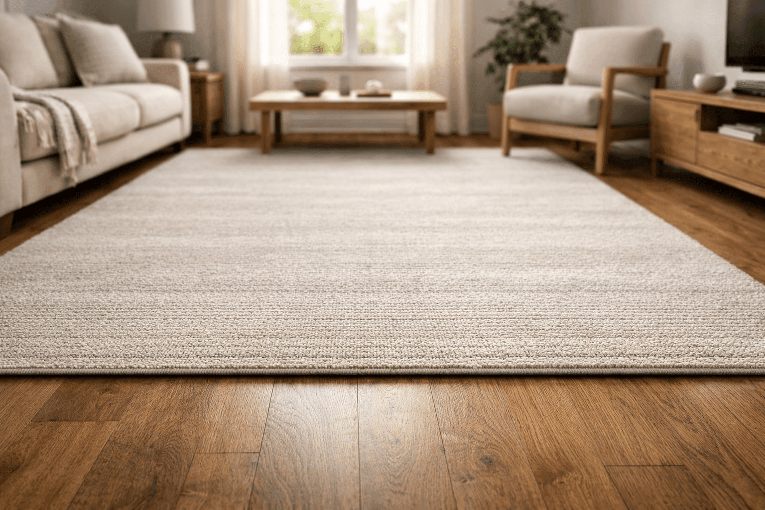 Living room with area rug placed on hardwood floor and furniture arranged neatly