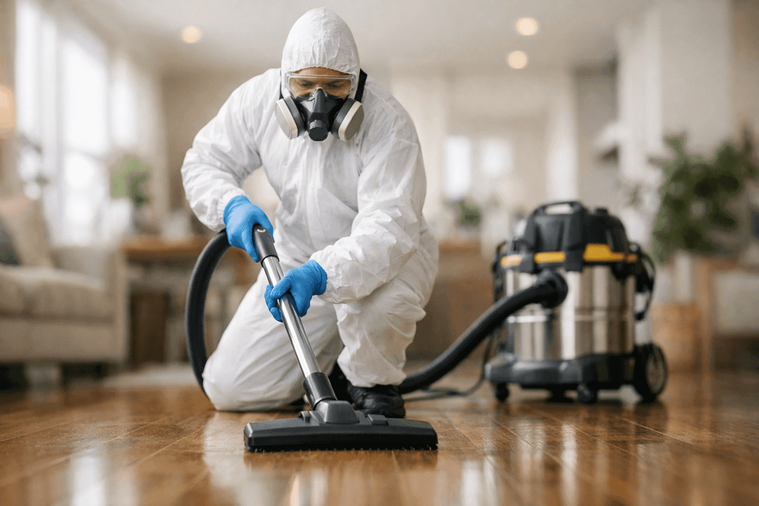 Technician vacuuming hardwood floor with HEPA filter vacuum for allergy safety