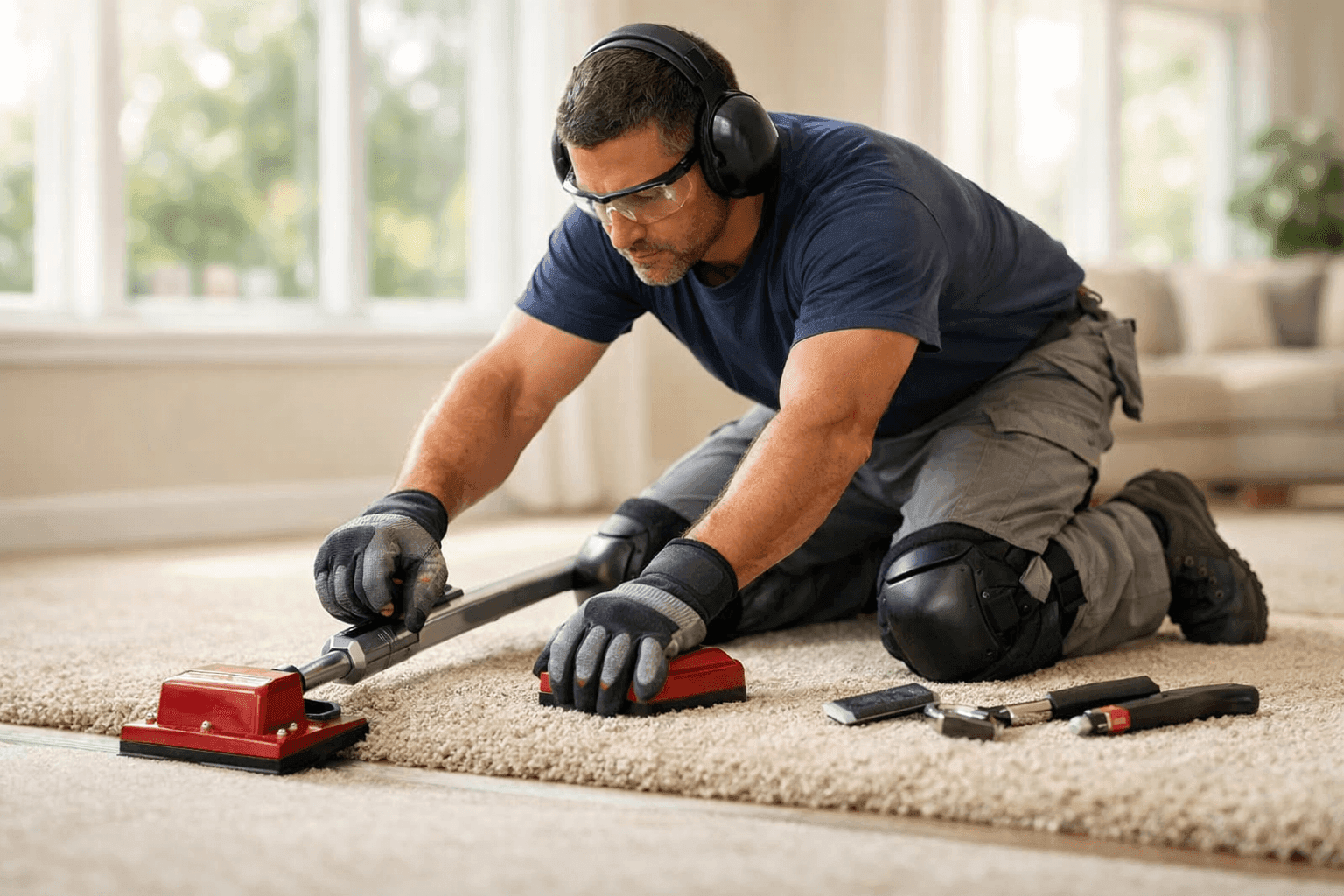 Technician stretching and installing new carpet in a living room