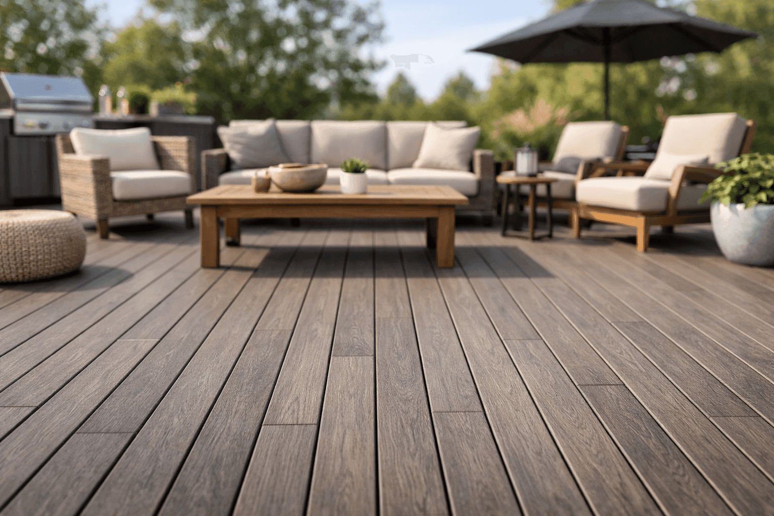 Modern outdoor deck with durable plank flooring