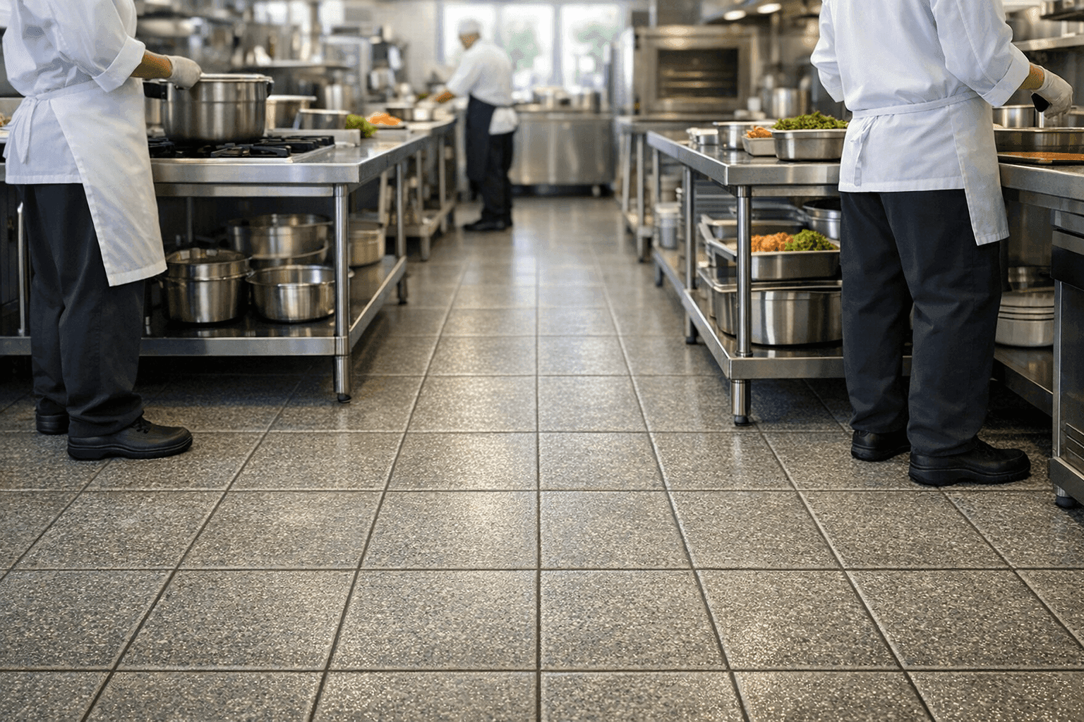 Commercial kitchen with slip-resistant flooring and clean surfaces