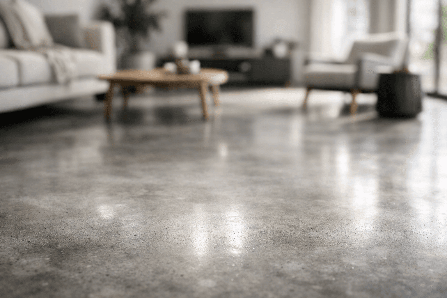 Modern home interior with polished concrete flooring