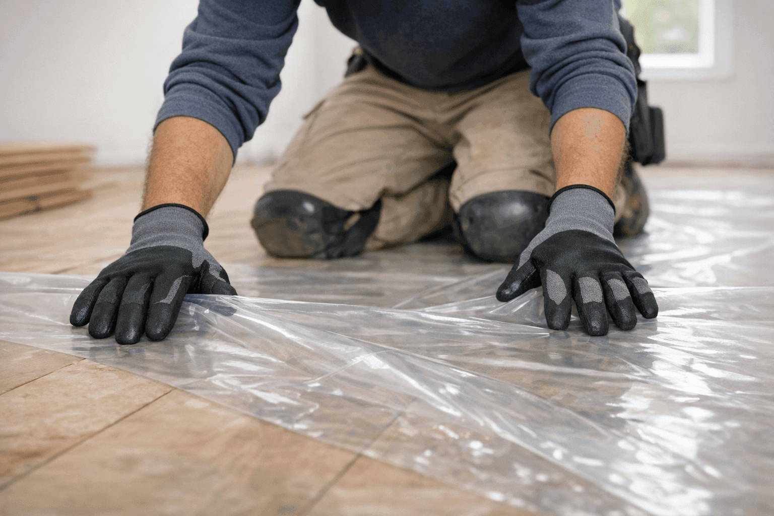 Technician laying moisture barrier under new flooring