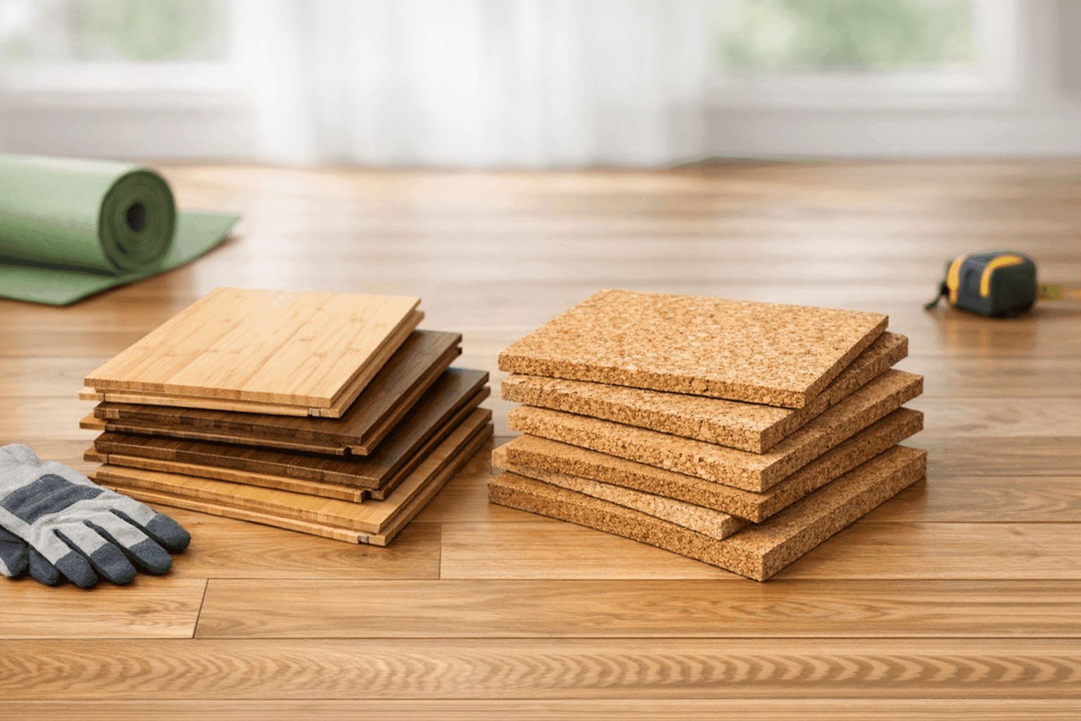 Eco-friendly bamboo and cork flooring samples in a bright room