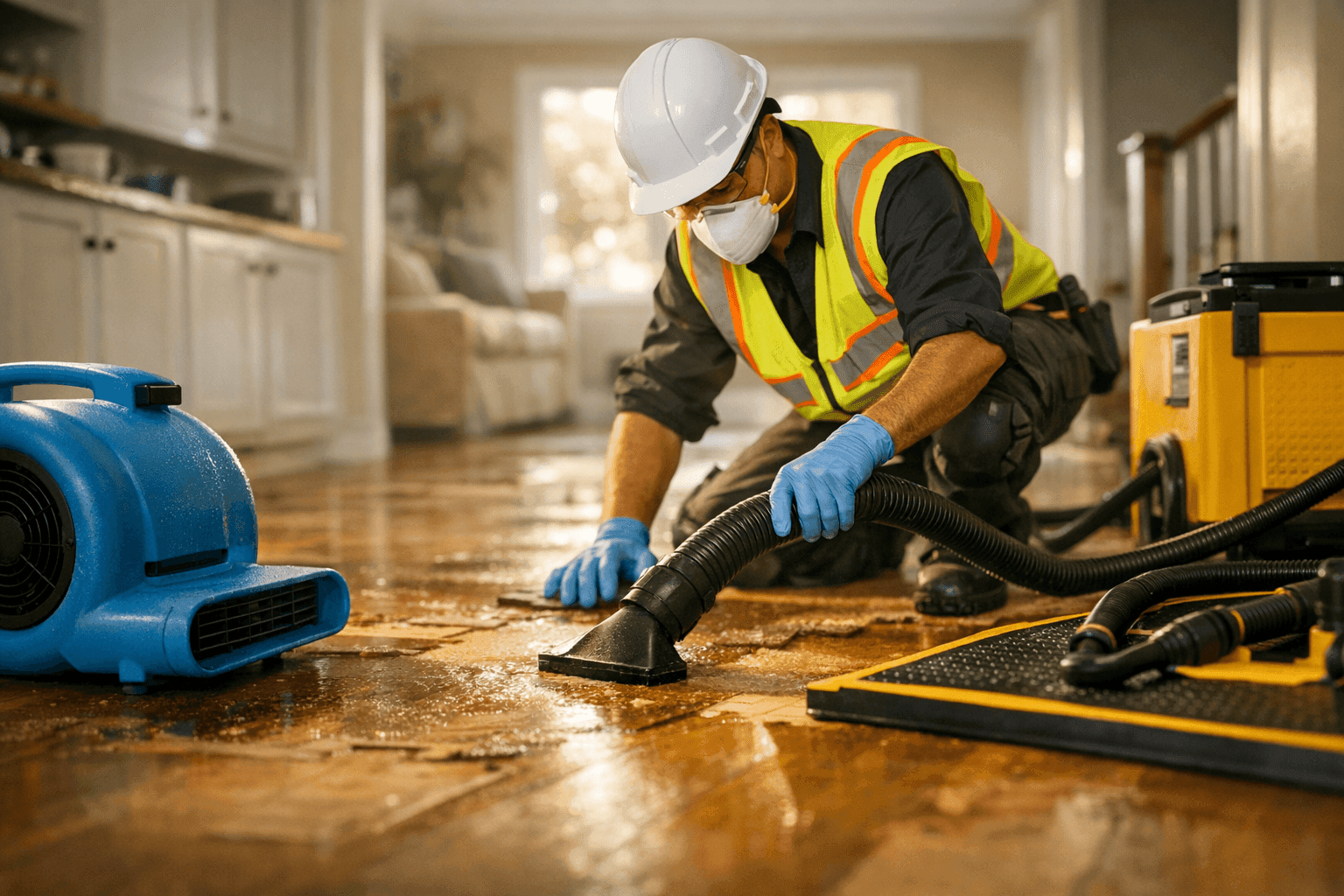 Technician drying and repairing water-damaged flooring after flood