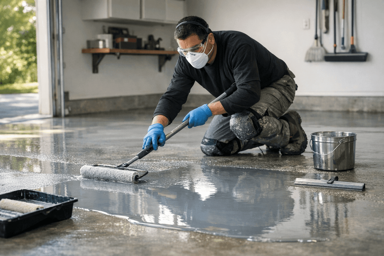 Technician applying floor coating to a garage floor with roller tool