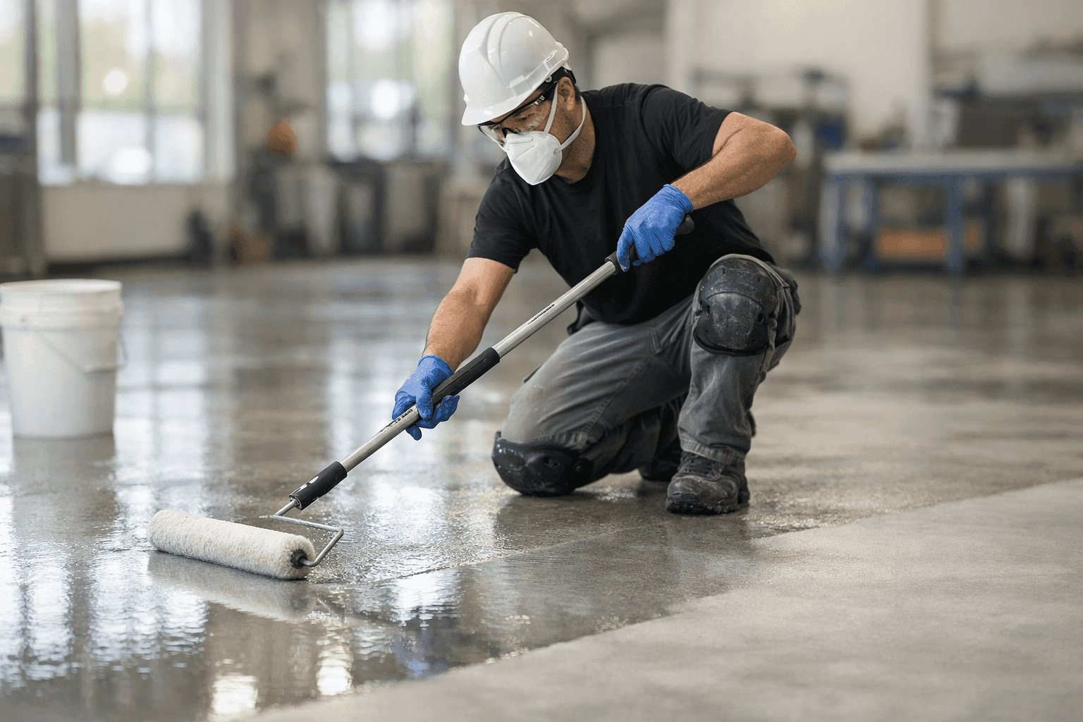 Technician applying protective coating to a floor surface