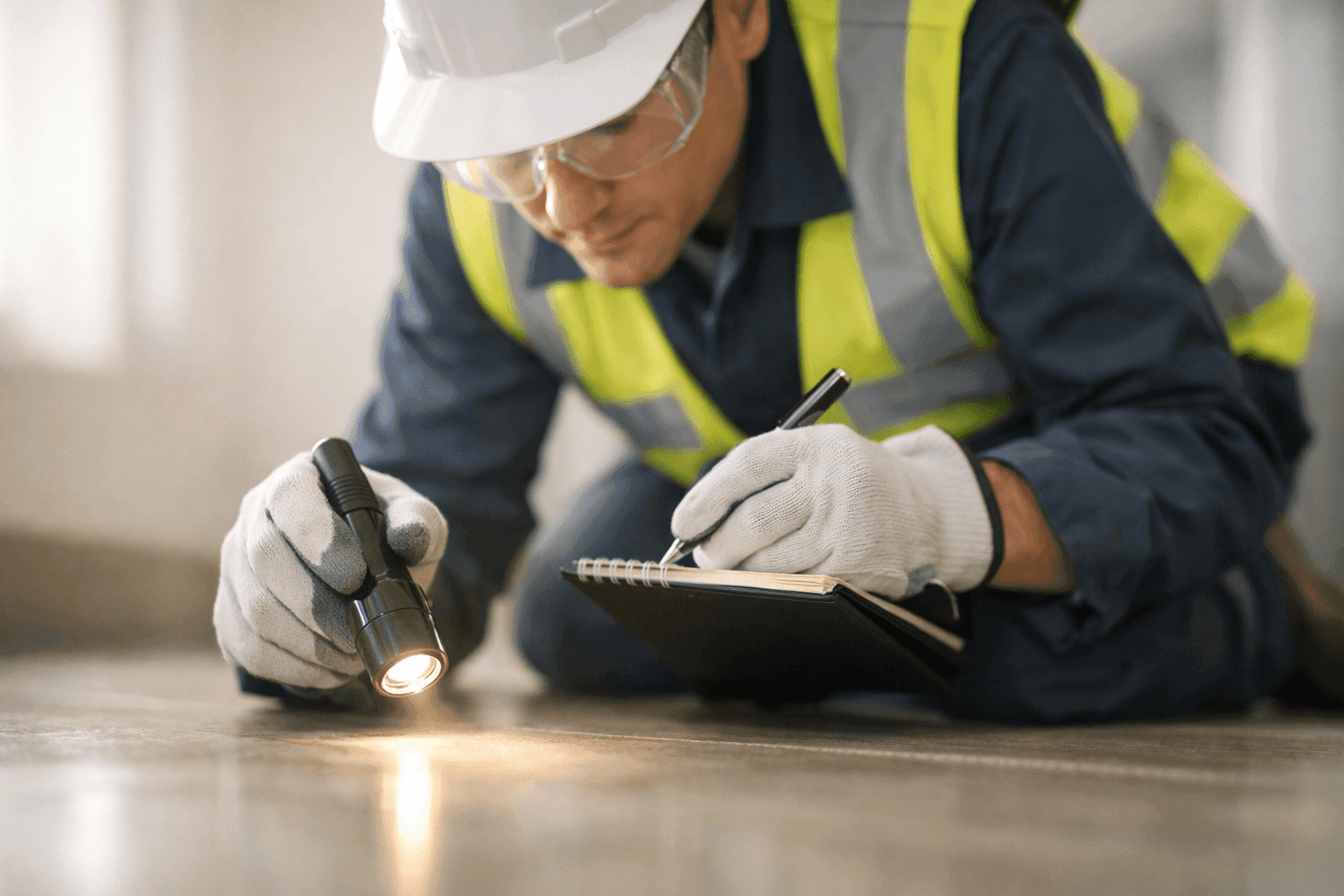 Technician performing floor inspection with flashlight and notepad
