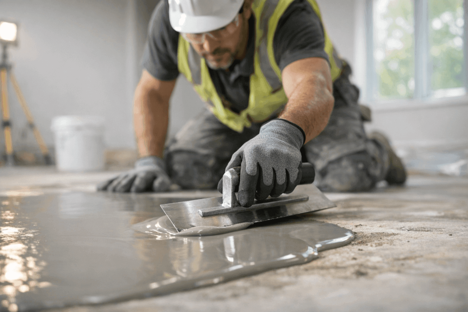 Contractor leveling a subfloor before installing new flooring