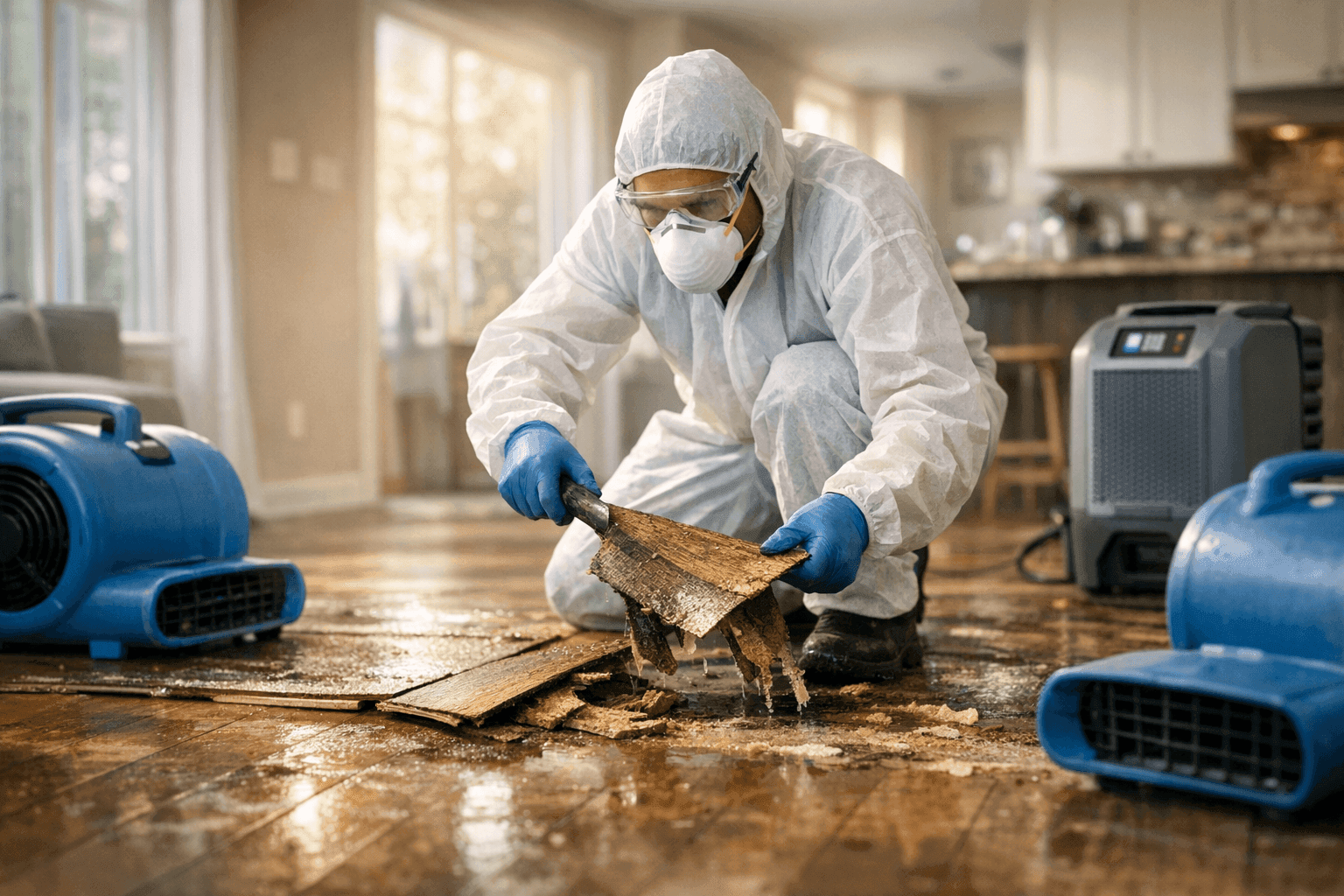 Technician removing water-damaged flooring with protective gear and drying fans