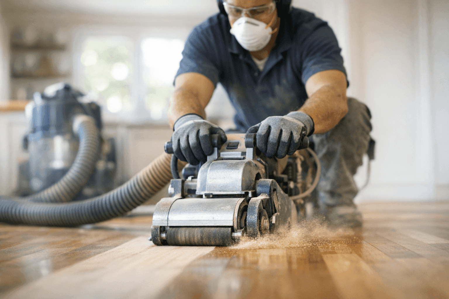 Technician sanding hardwood floor with dust extraction equipment