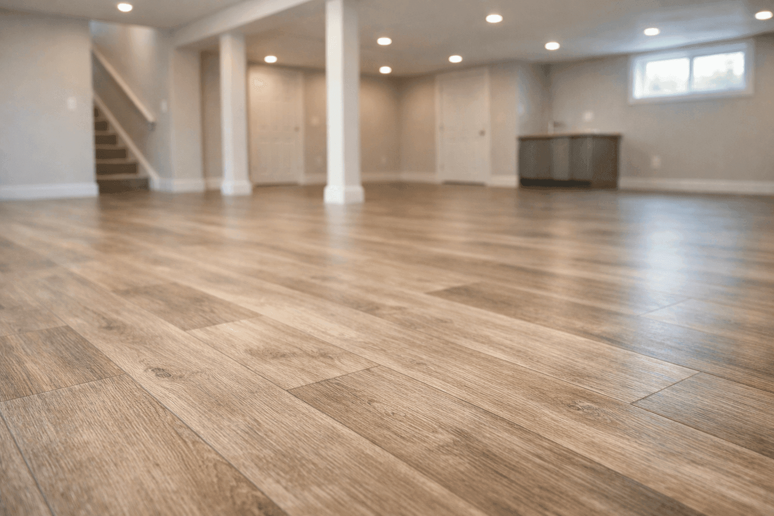 Basement with clean, waterproof vinyl plank flooring installed