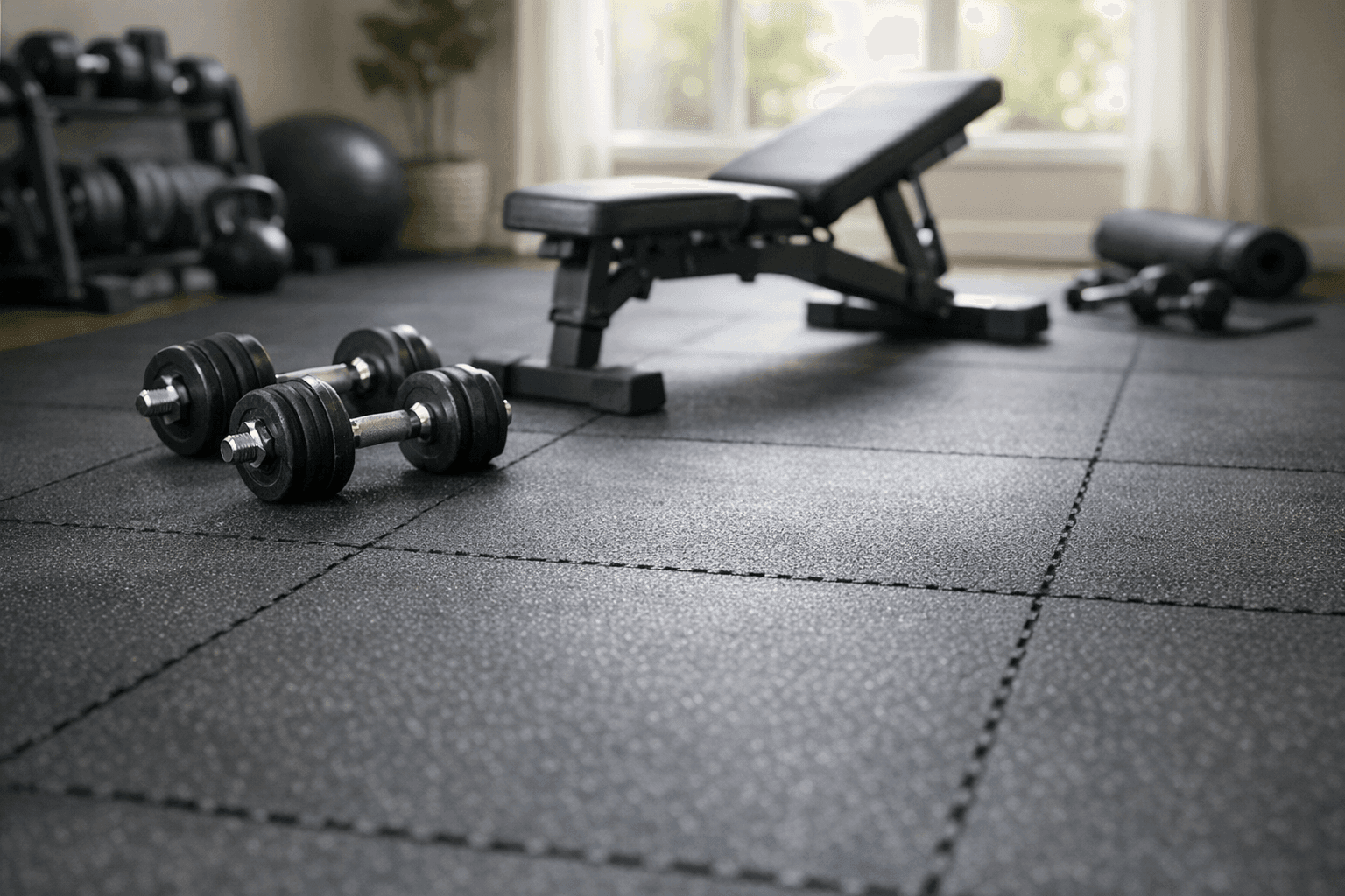 Home gym with rubber flooring and exercise equipment in clean space