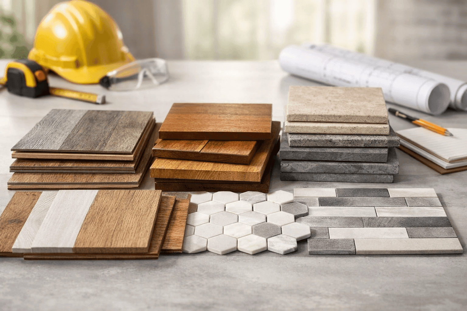 Flooring samples in trendy and classic styles arranged on designer’s table