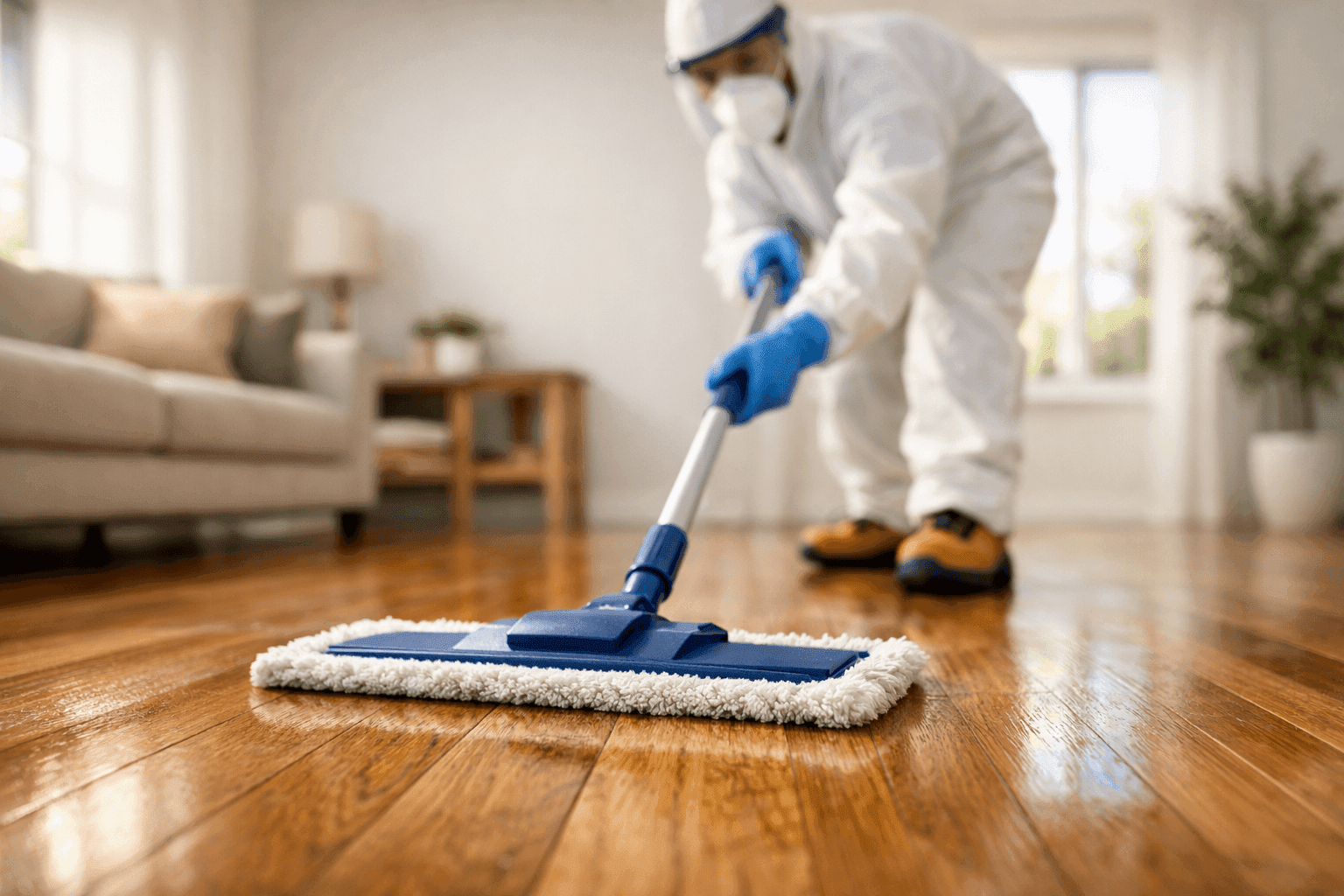 Close-up of hands cleaning and polishing hardwood flooring