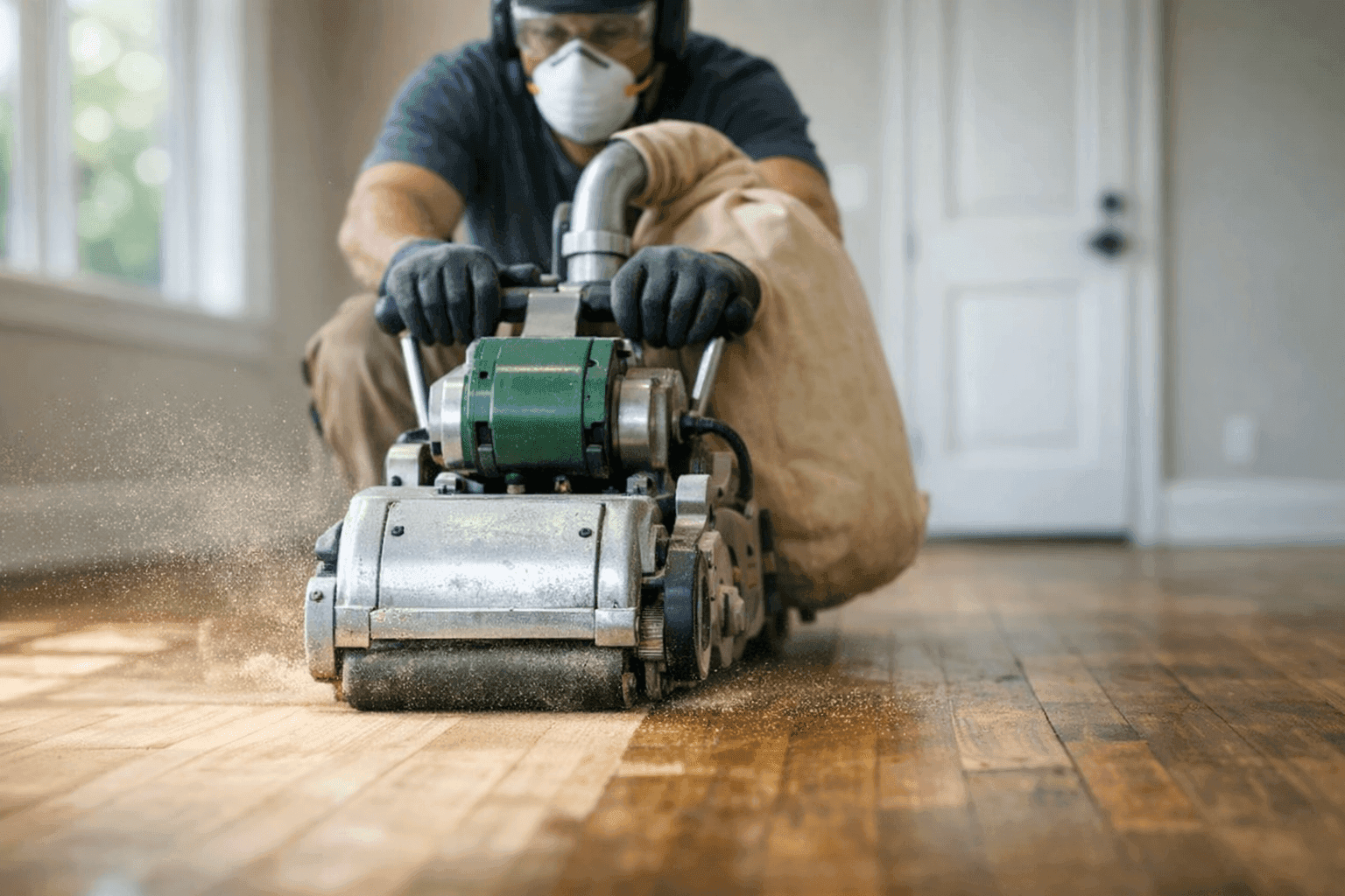 Technician using floor sander on old hardwood floor, creating smooth finish