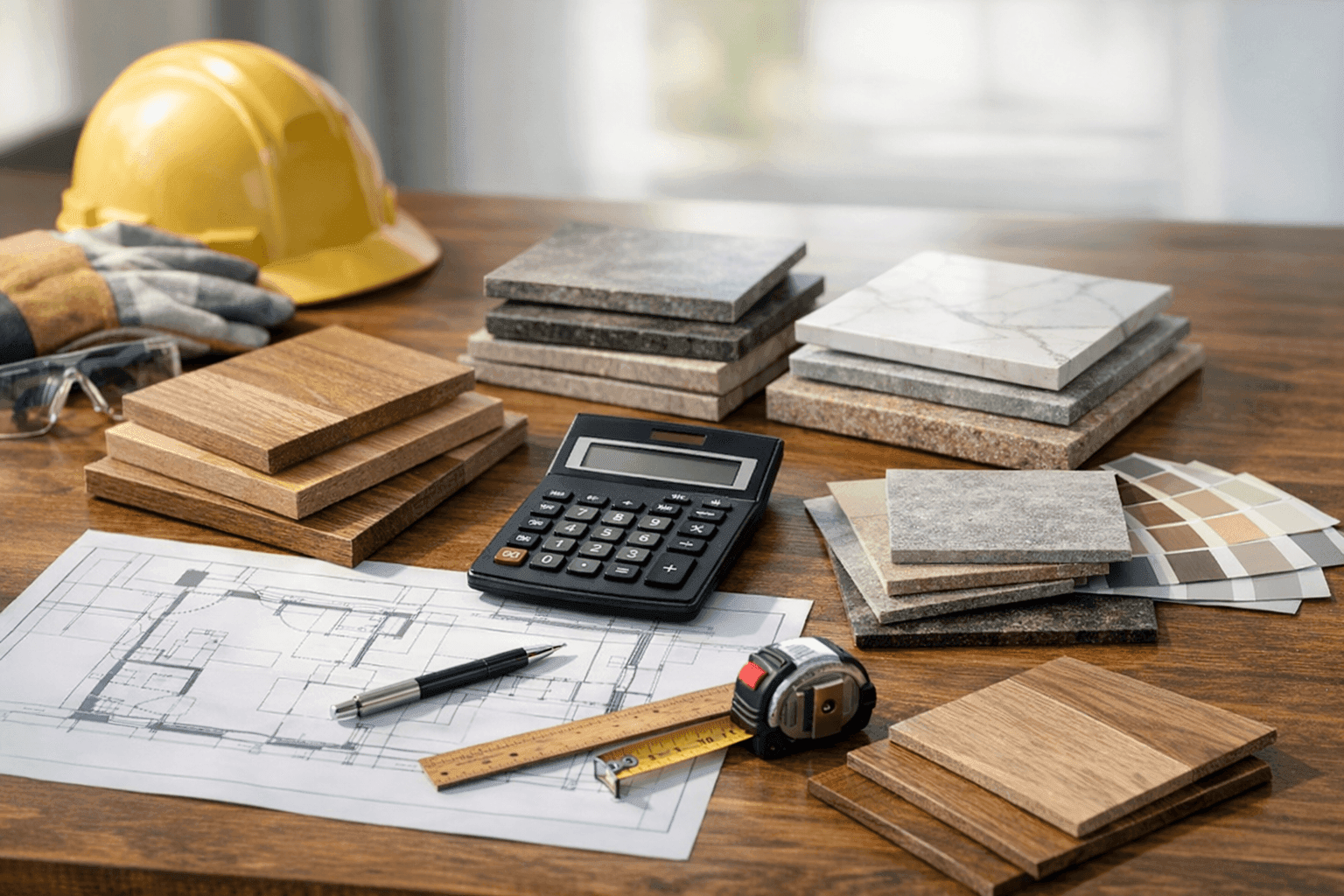 Table with calculator, flooring samples, and project plans arranged neatly