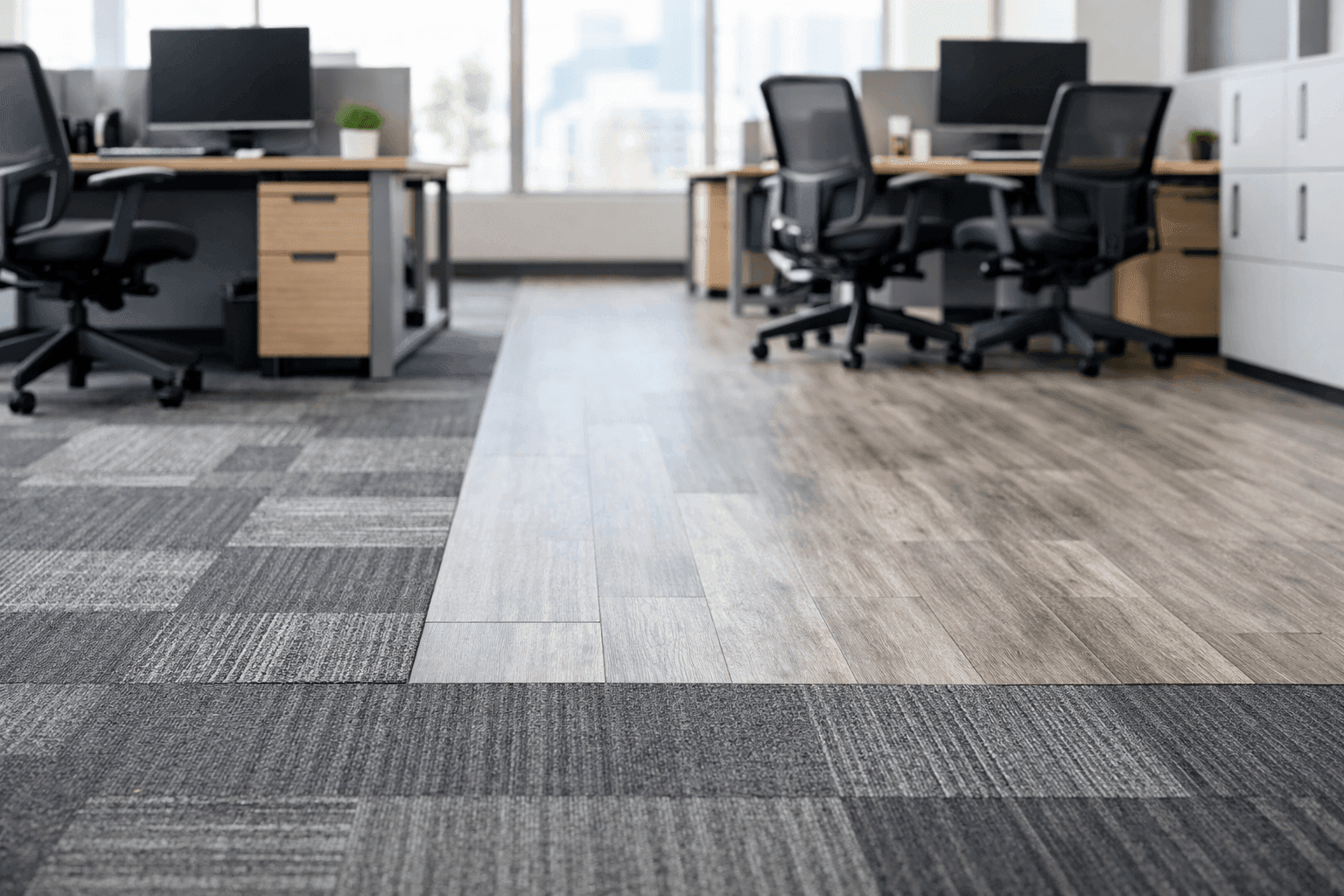 Modern office with carpet tile or LVT flooring and desks