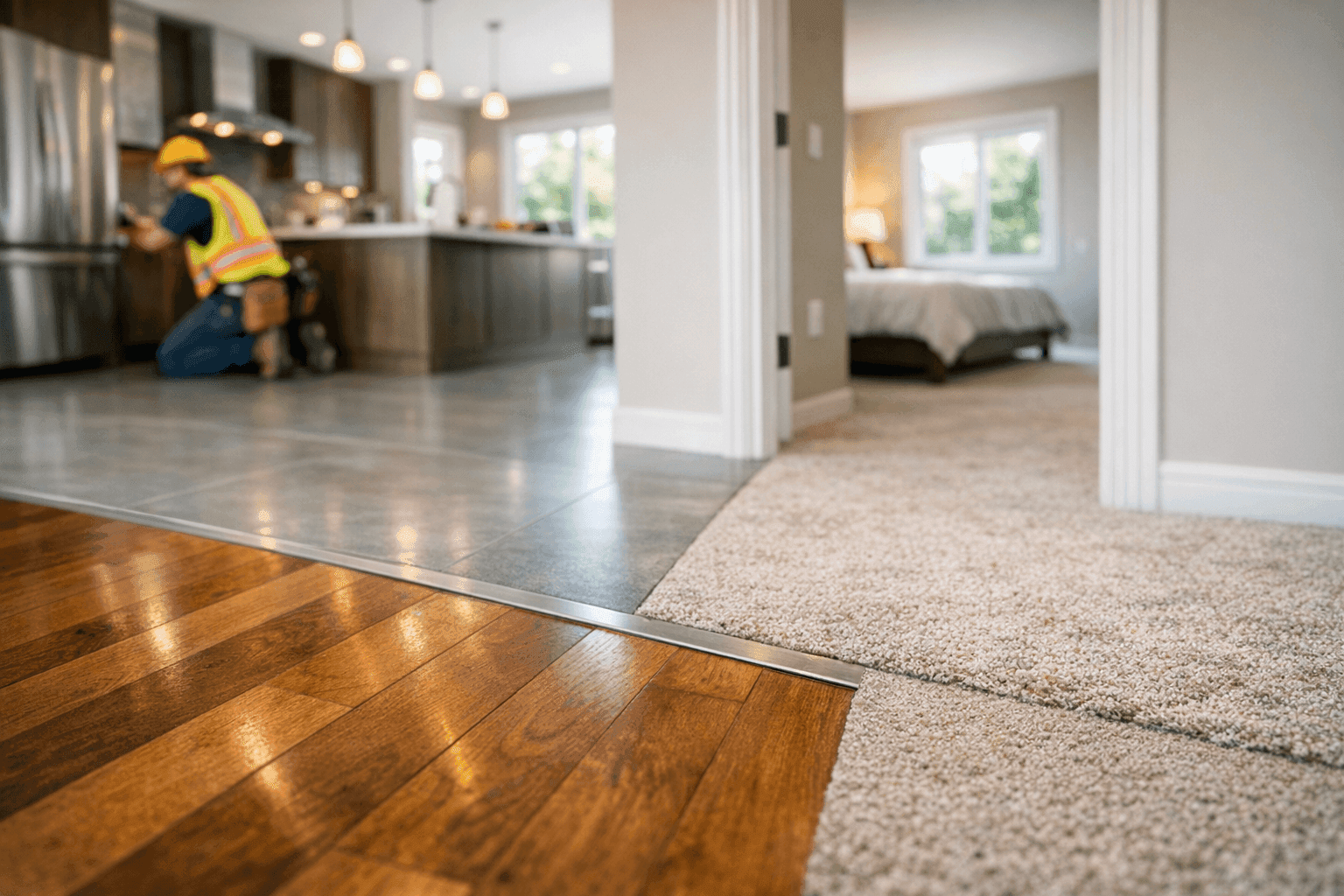 Home interior with multiple rooms each featuring different flooring types