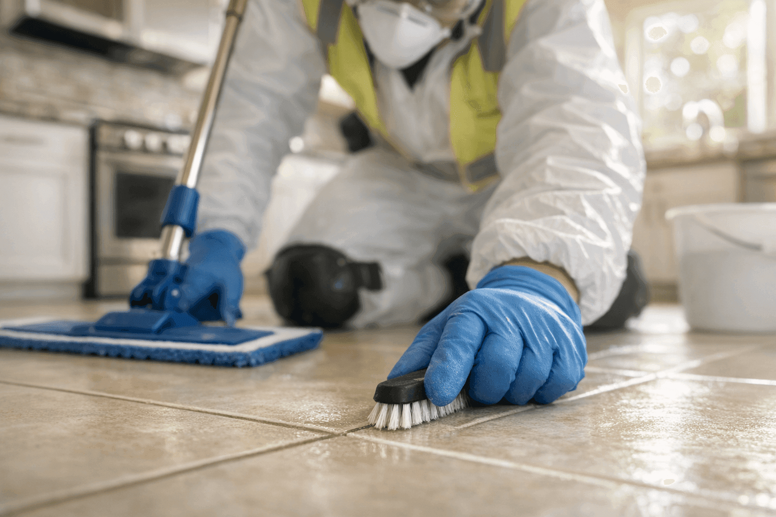 Technician mopping tile floor and cleaning grout lines in bright kitchen
