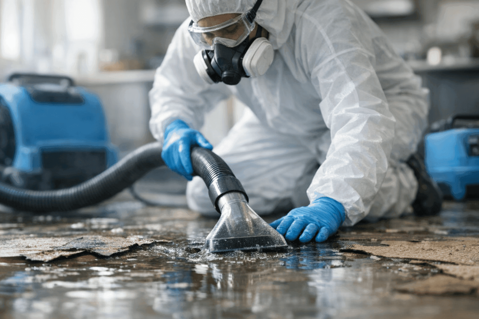 Technician inspecting storm-damaged floor with water removal equipment