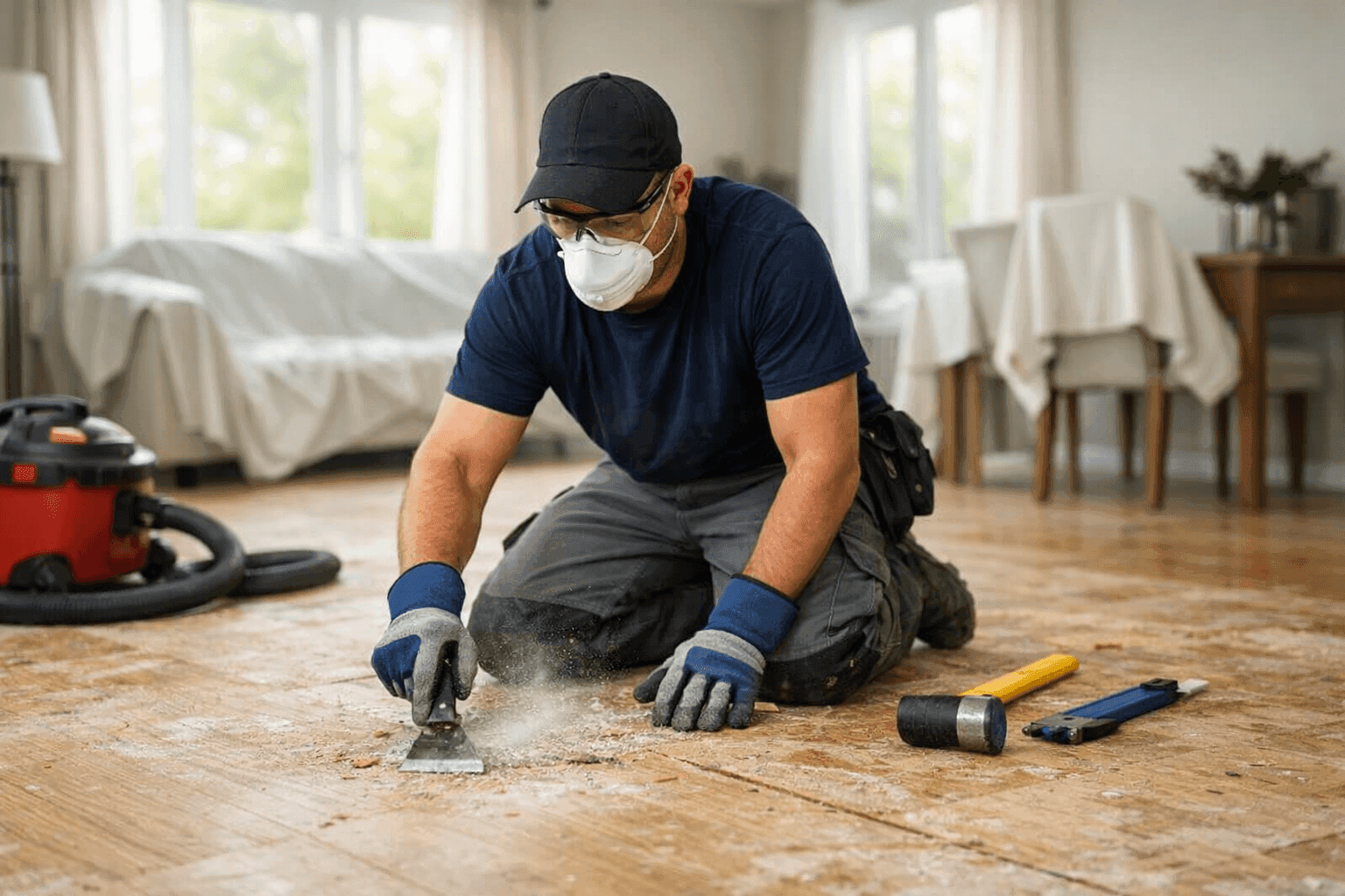 Home interior partially cleared for flooring installation with technician prepping subfloor
