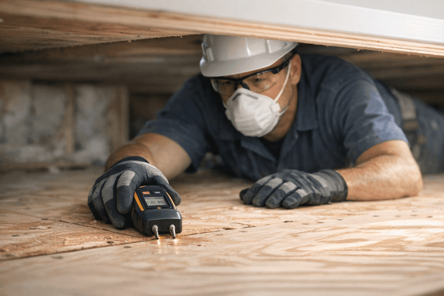 Technician checking under flooring for moisture and mold with detection tool
