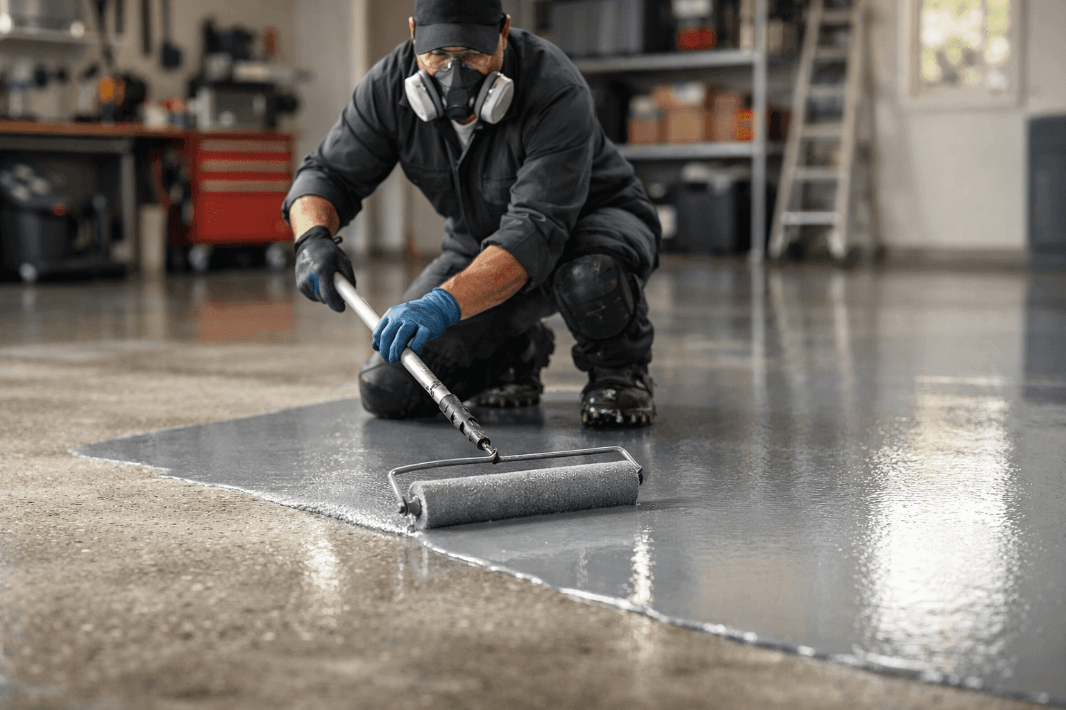 Clean, coated garage floor with technician applying epoxy finish