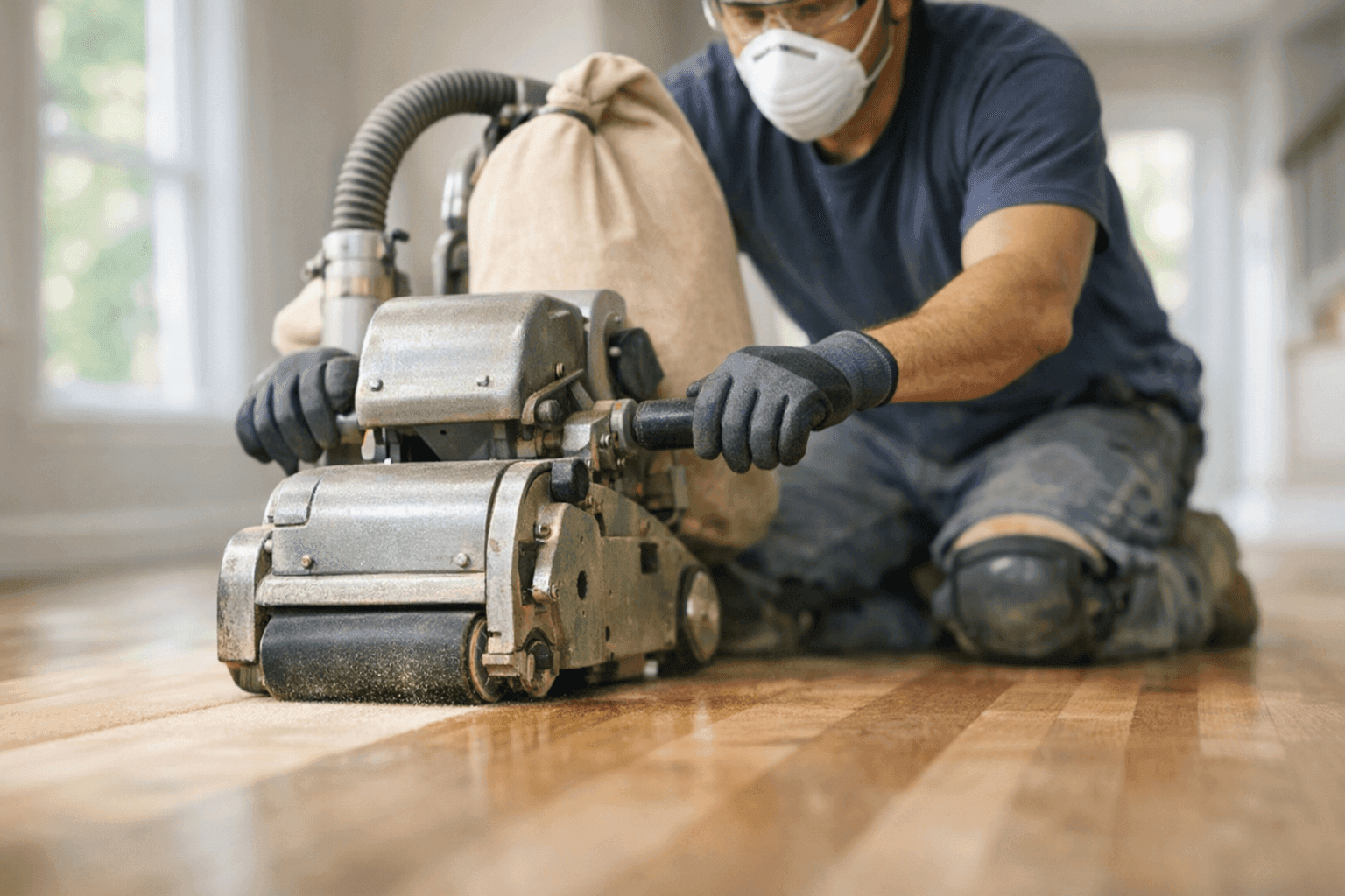 Technician sanding hardwood floor with professional equipment