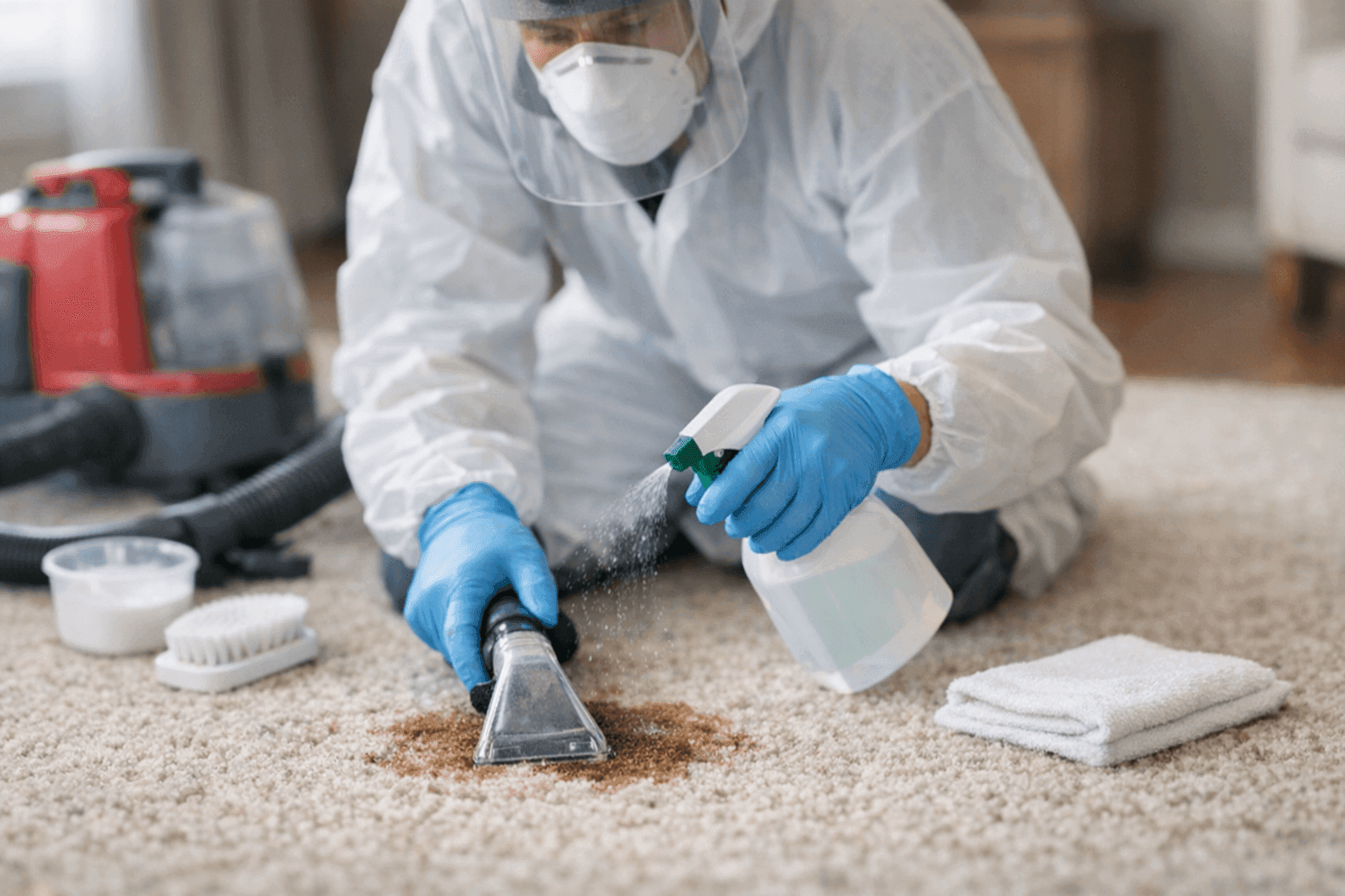 Technician cleaning pet stain from carpet with specialized cleaner and tools