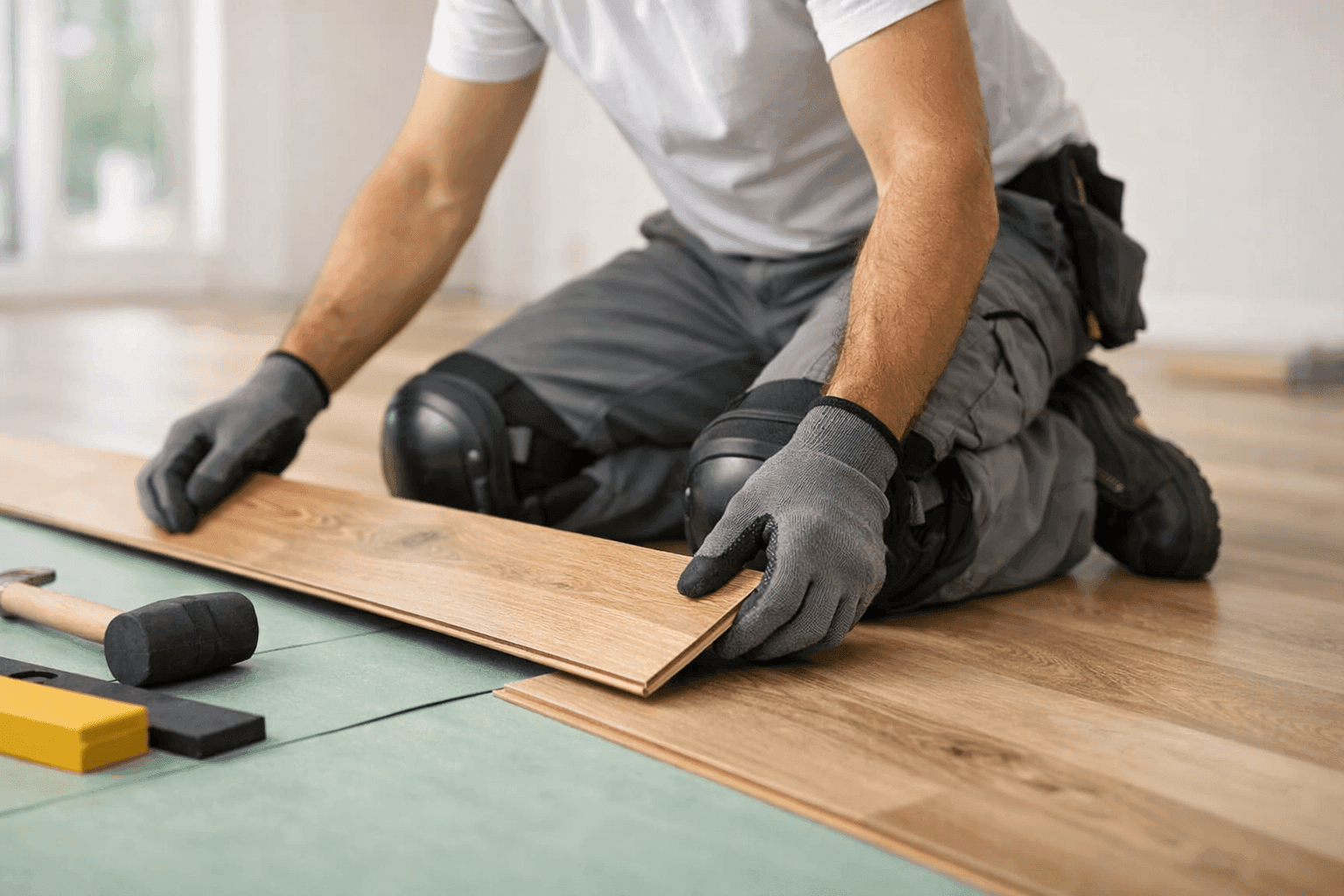 Installer fitting laminate flooring planks in a bright room