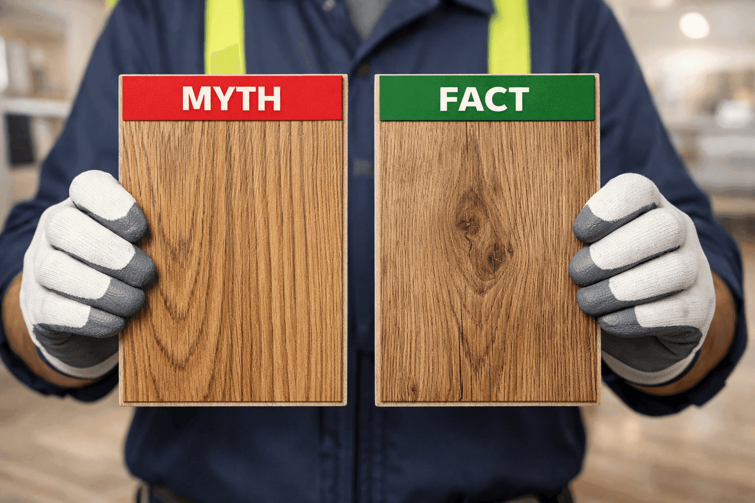 Technician holding two vinyl plank samples with myth and fact labels side by side