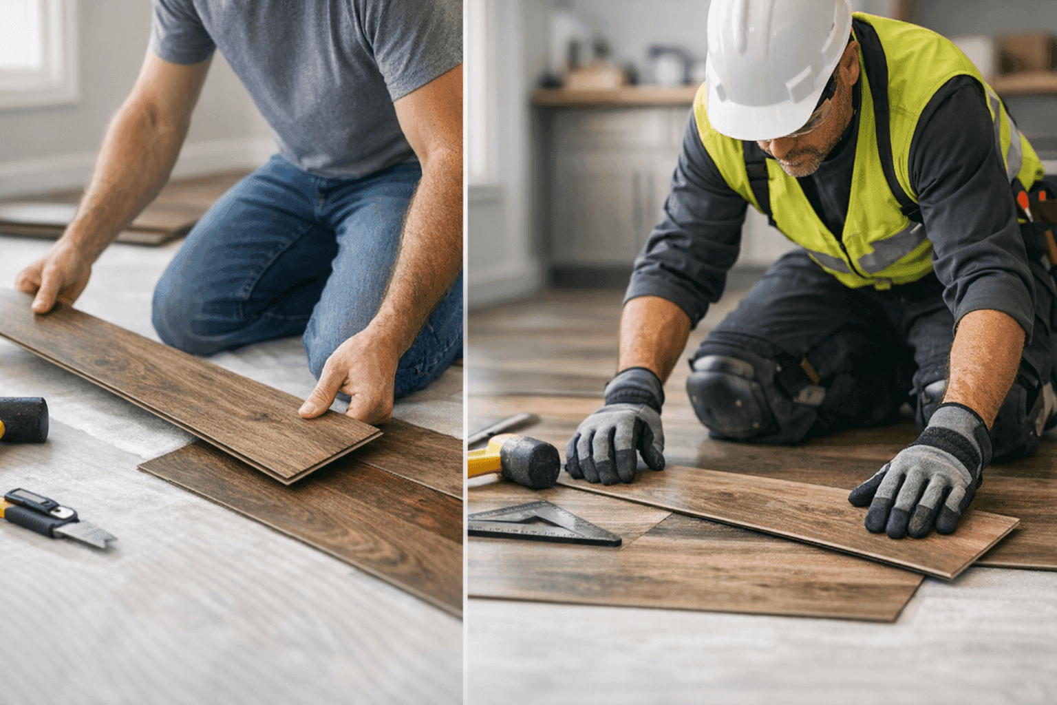 Homeowner and professional side-by-side installing LVP flooring