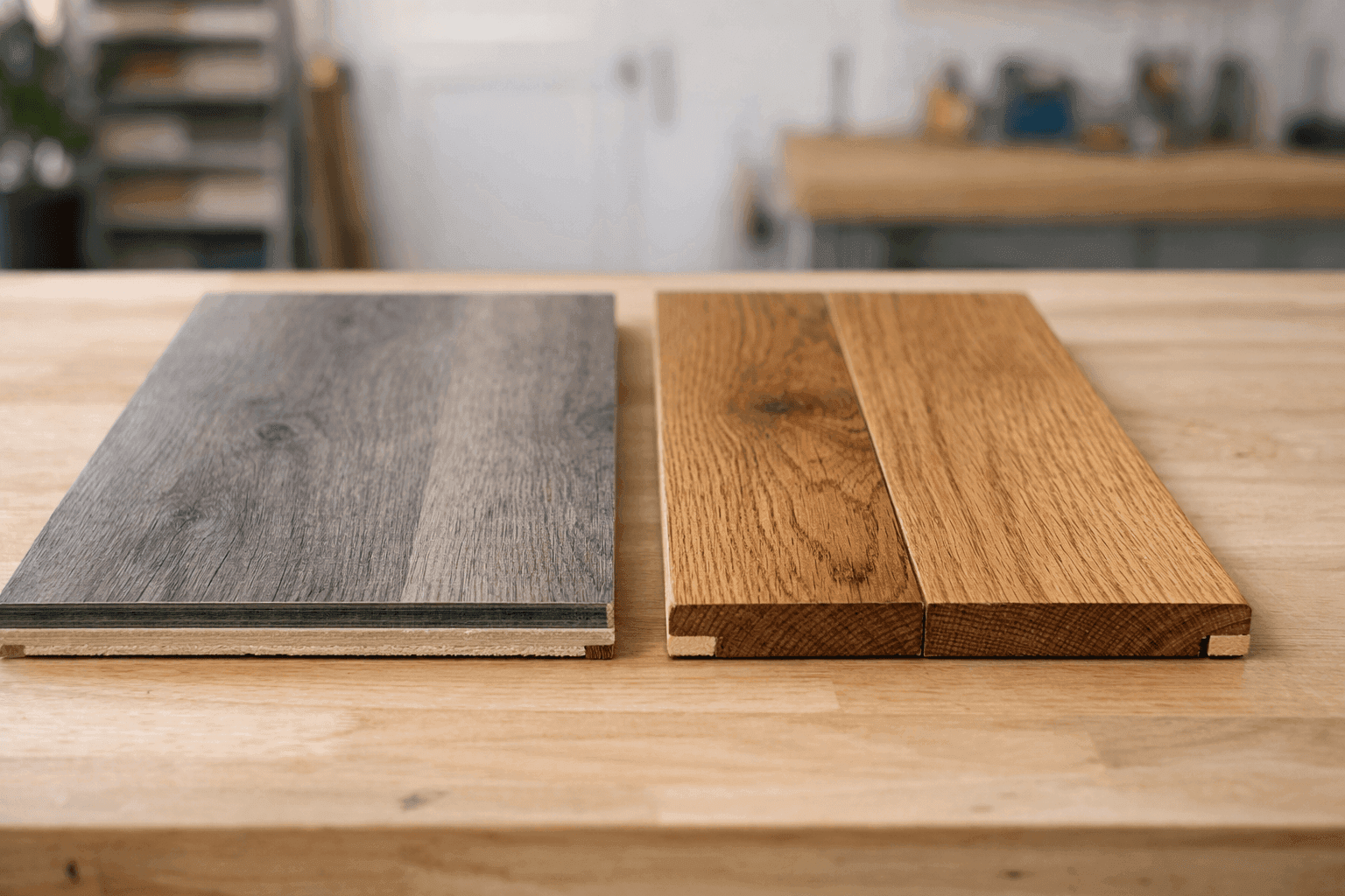 Luxury vinyl plank and hardwood flooring samples side by side for comparison