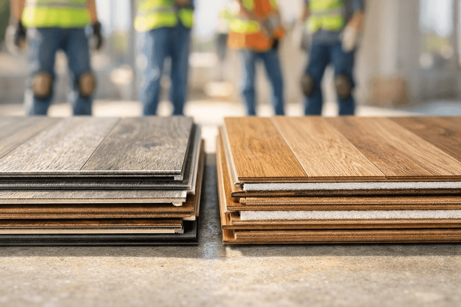 Close-up of LVP and laminate floor samples side by side on clean workspace