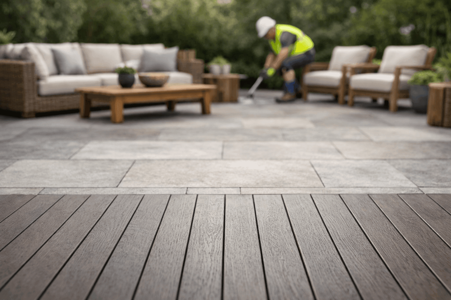 Attractive outdoor patio with weatherproof flooring and furniture