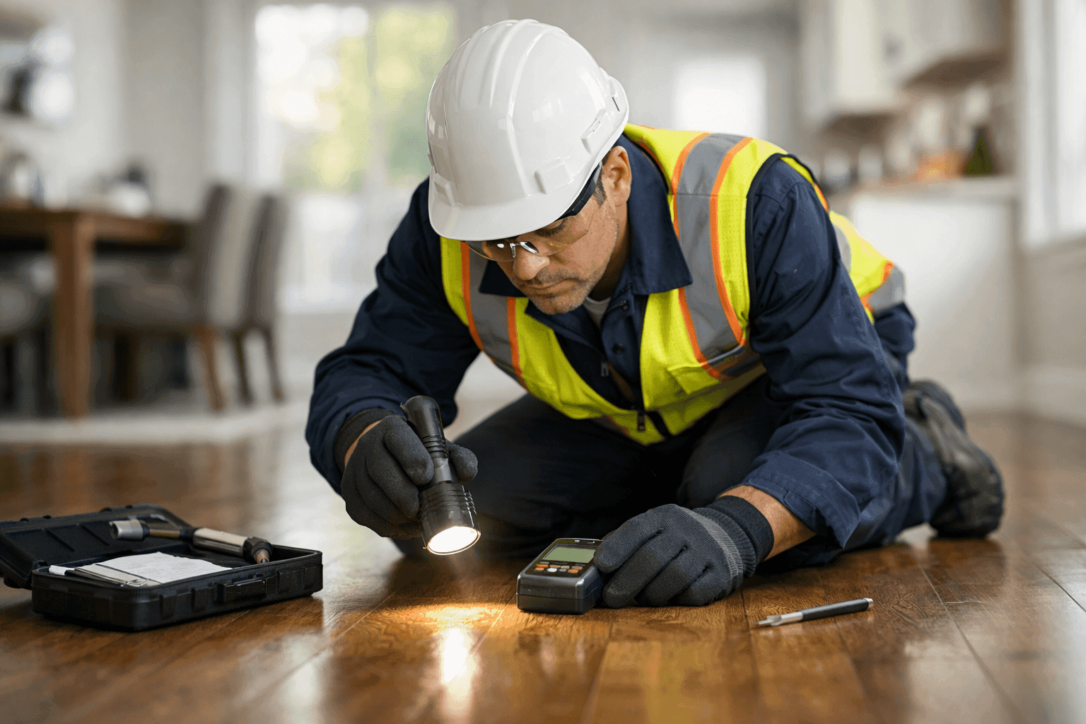 Floor inspector examining and testing a floor for issues