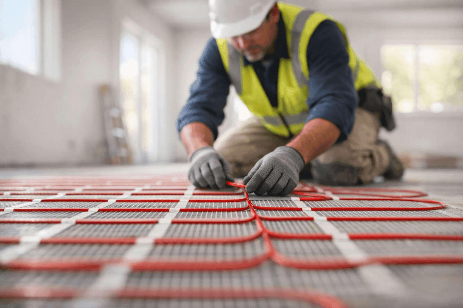 Installer laying radiant heating cables under new floor