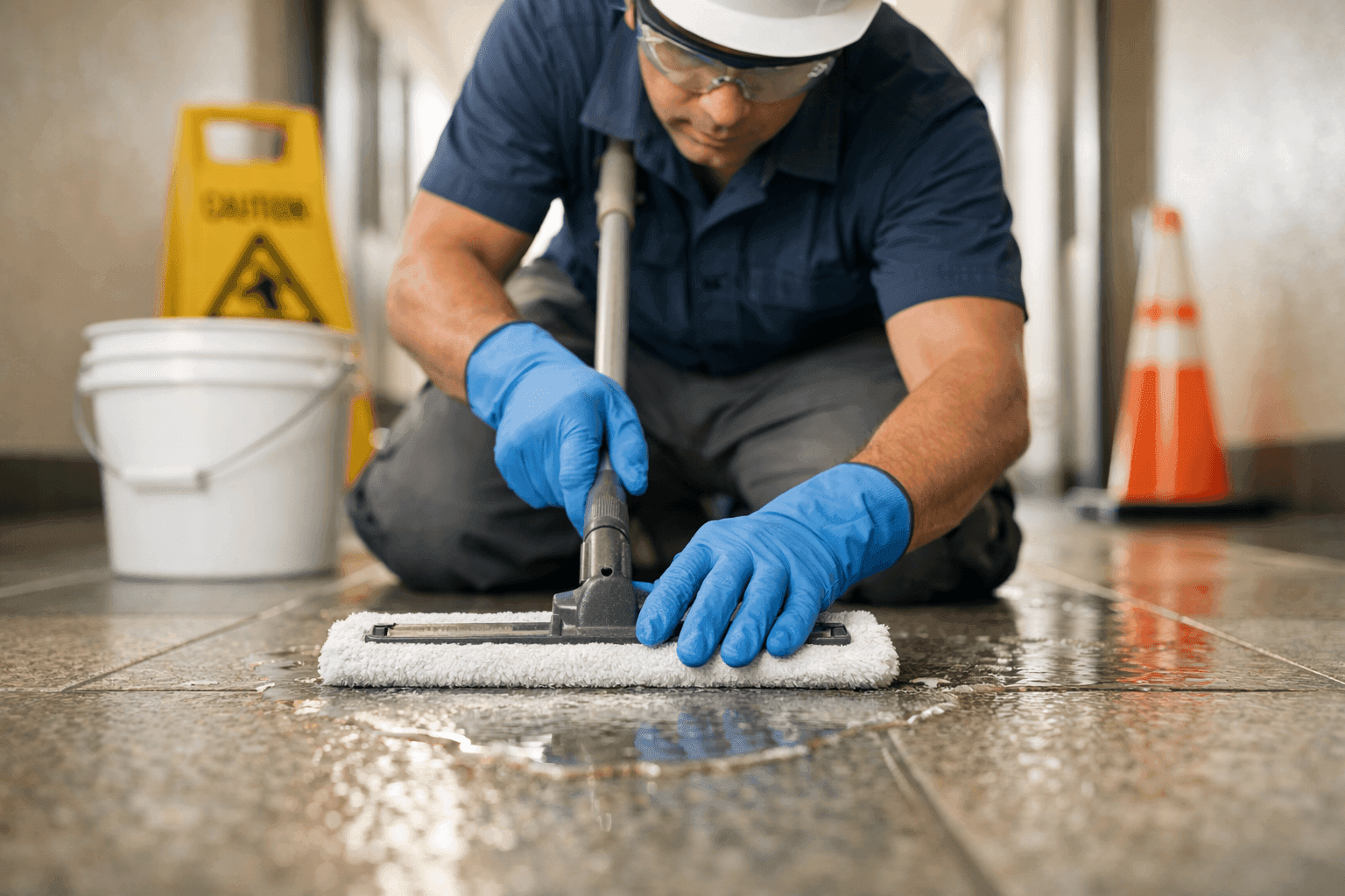 Technician applying anti-slip treatment to tile floor in hallway