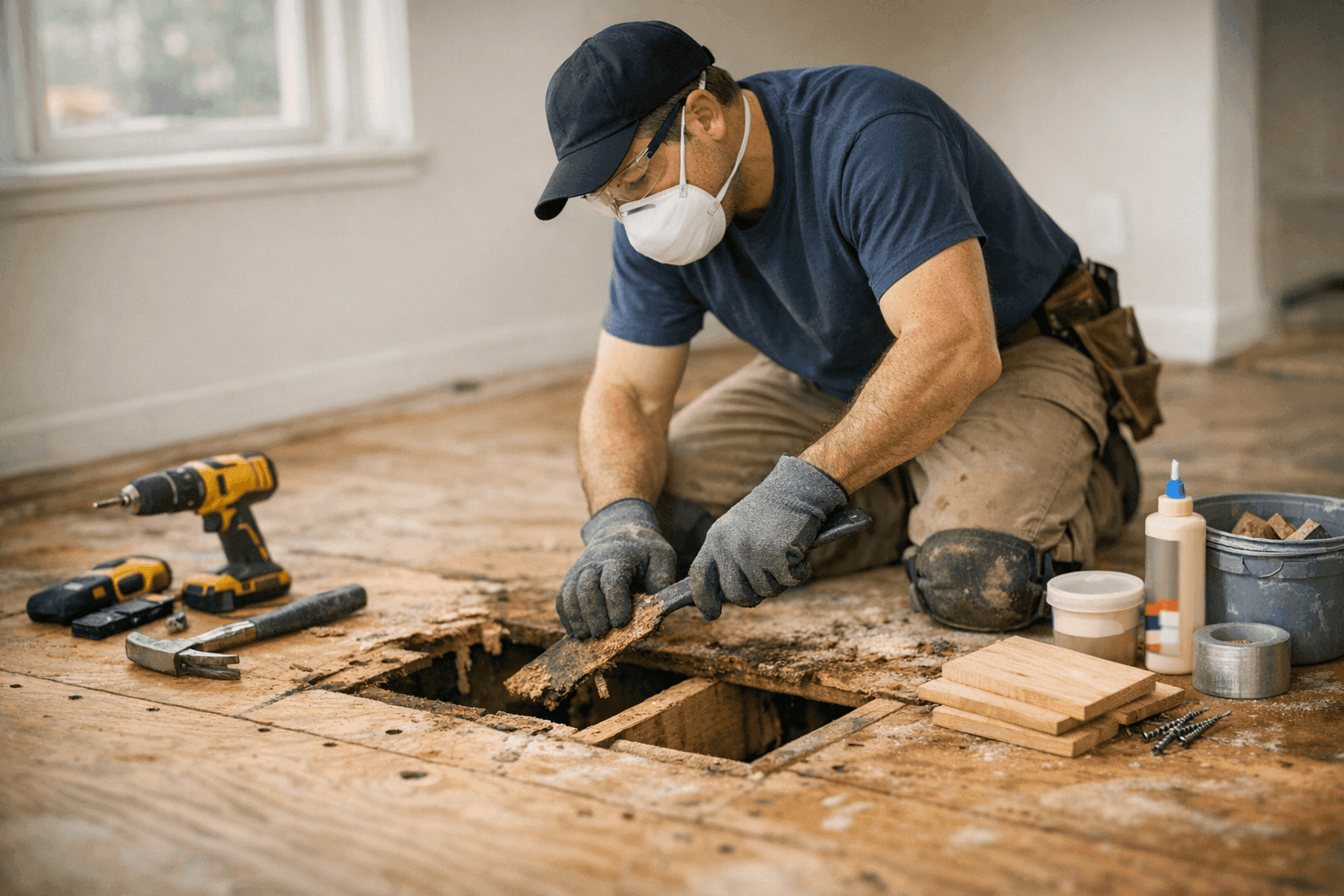 Technician repairing a damaged subfloor before new flooring install