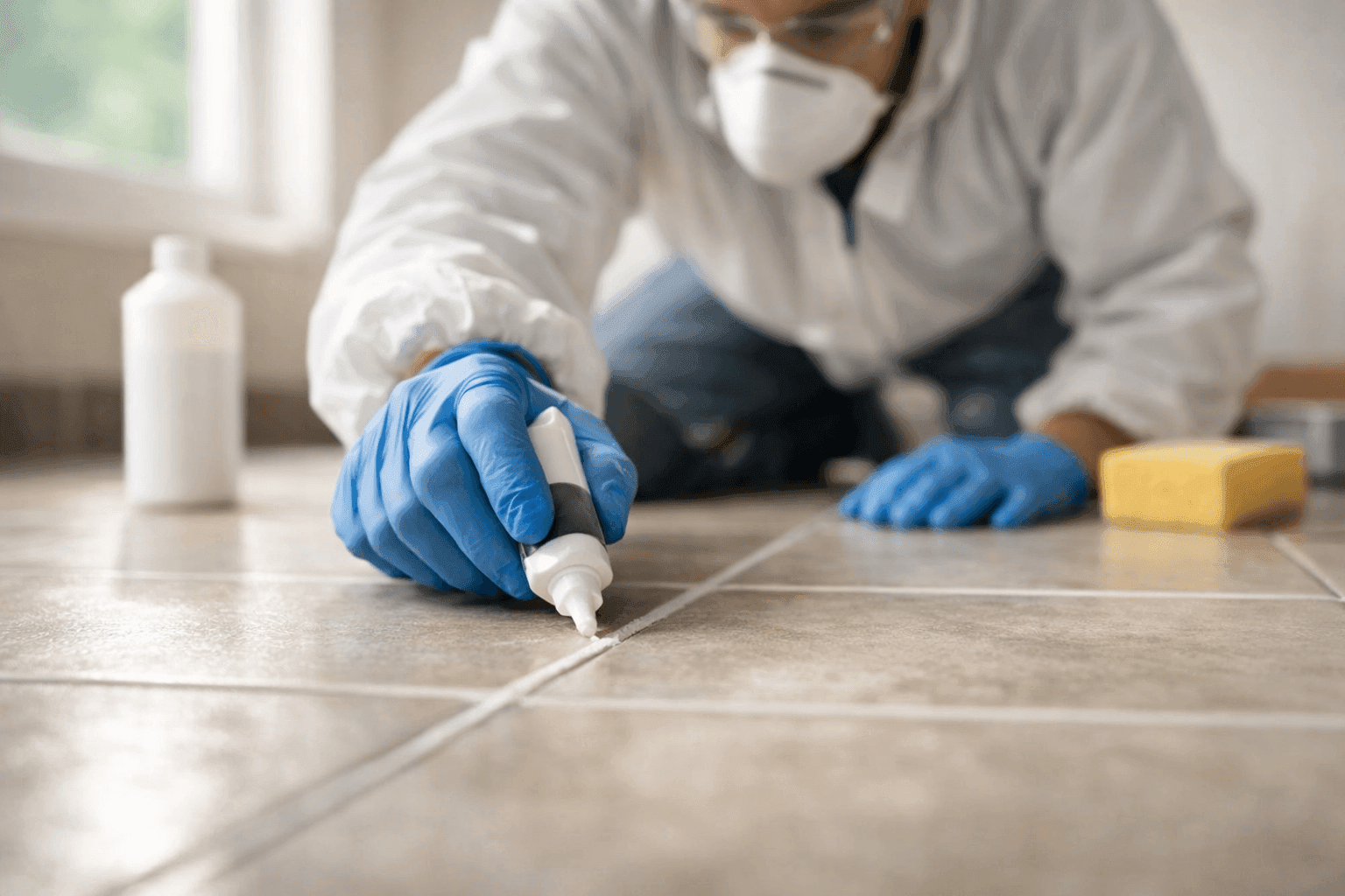 Technician sealing grout lines on clean tile floor with applicator
