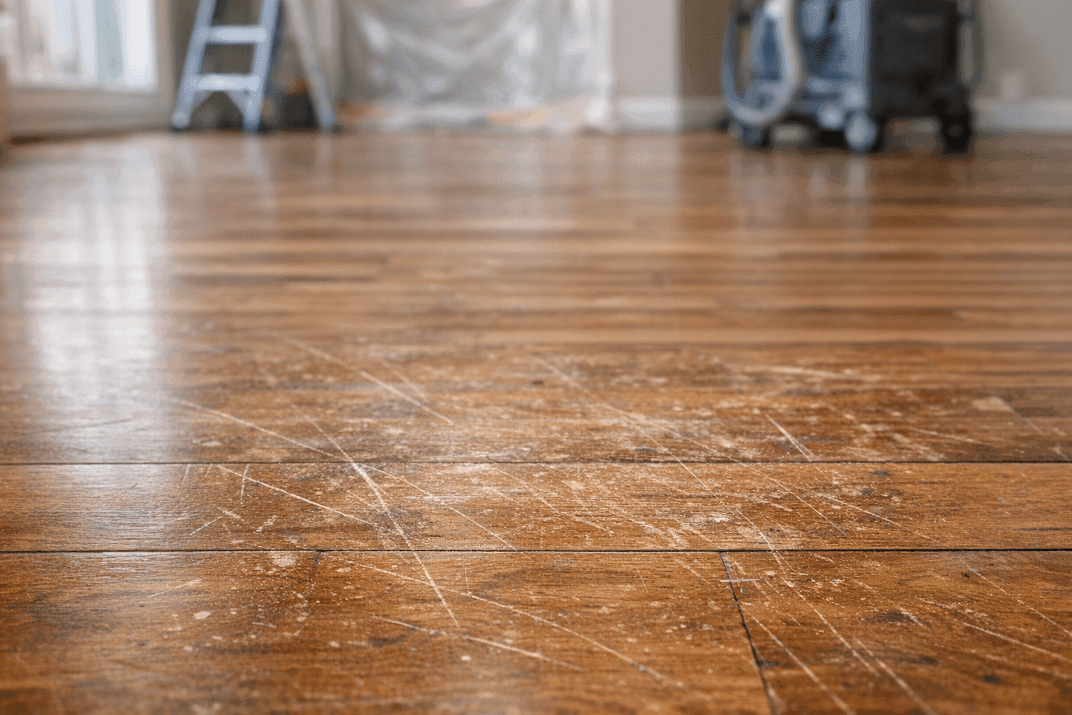 Close view of worn hardwood floor showing scratches and dull finish