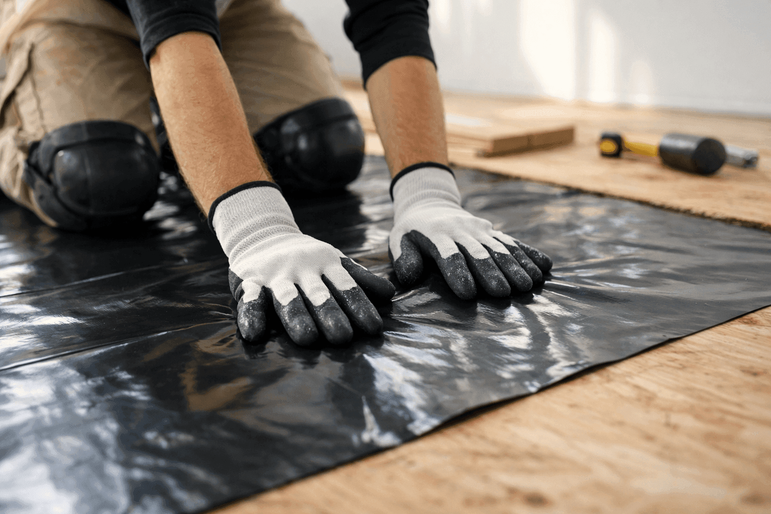 Moisture barrier being laid under new flooring