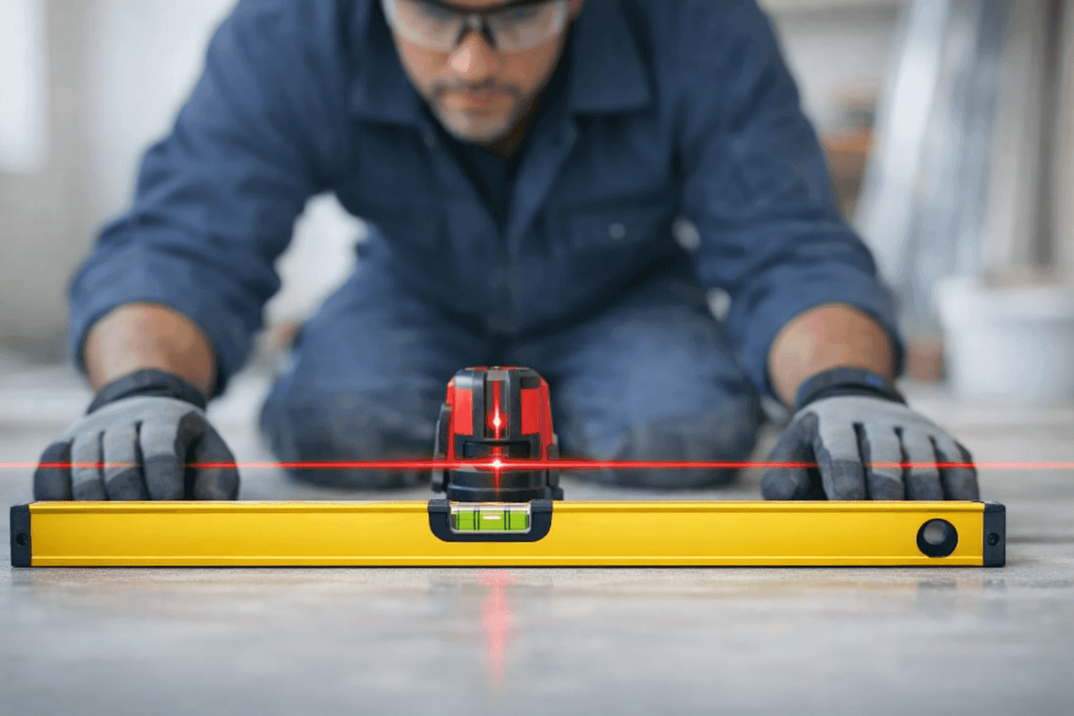 Technician measuring floor levelness with laser tool and level bar