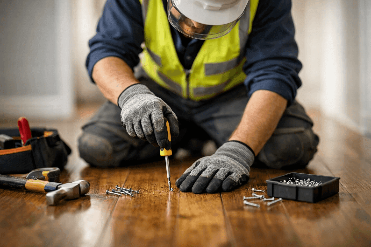 Technician inspecting squeaky hardwood floor with tools