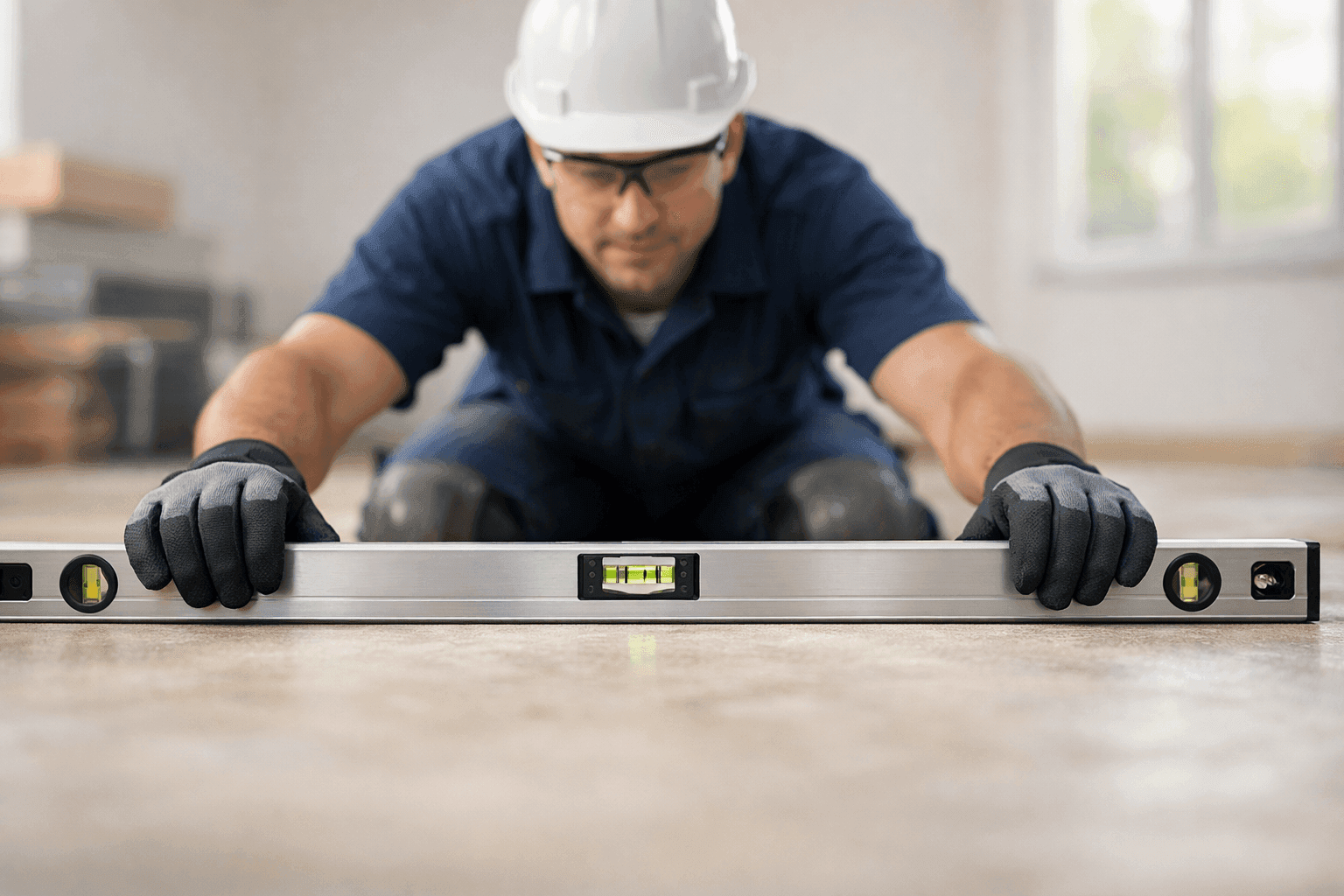 Technician checking floor for levelness with a large spirit level